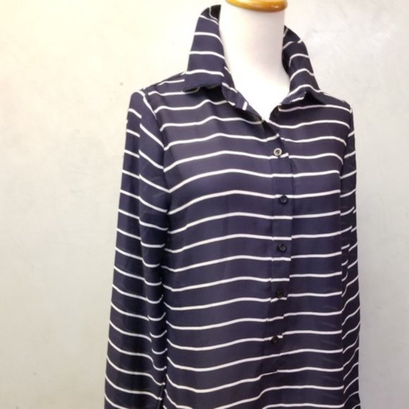 Darling Long navy striped button down shirt size M (L15) - Picture 6 of 8